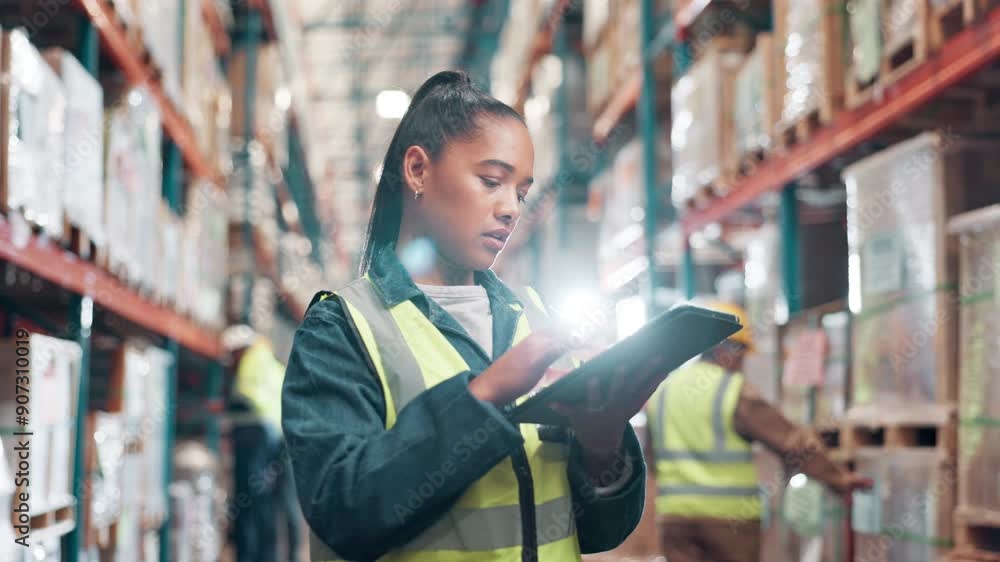 Counting, stock or storage and woman with tablet in warehouse for commercial shipping or distribution. Delivery, ecommerce and inspection with employee in supply chain facility for online logistics Counting, stock or storage and woman with tablet in warehouse for commercial shipping or distribution. Delivery, ecommerce and inspection with employee in supply chain facility for online logistics