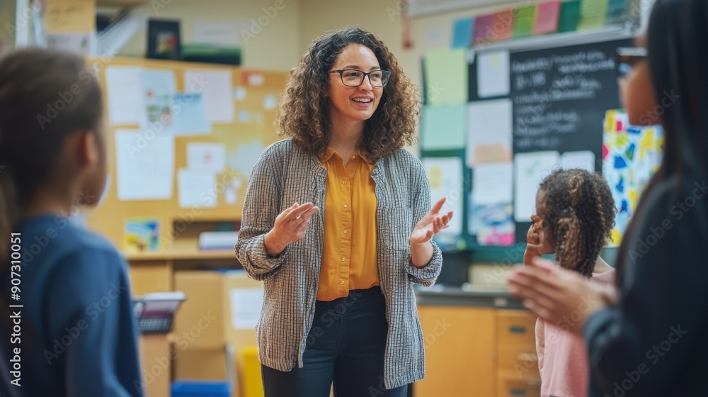 A teacher engaged in a casual conversation with parents during a school open house. The setting is a brightly lit classroom, with student projects displayed around. The teacher, dressed professionally A teacher engaged in a casual conversation with parents during a school open house. The setting is a brightly lit classroom, with student projects displayed around. The teacher, dressed professionally