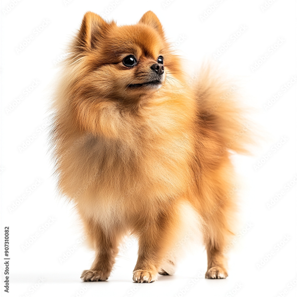 A Pomeranian dog isolated on a white background, full depth of field A Pomeranian dog isolated on a white background, full depth of field