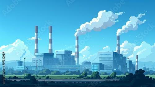 Cartoon vector factory with chimneys emitting smoke in an industrial area