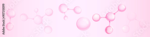 Molecules inside bubbles on blue background. Collagen serum bubble. Cosmetic essence. Concept skin care cosmetics solution.
