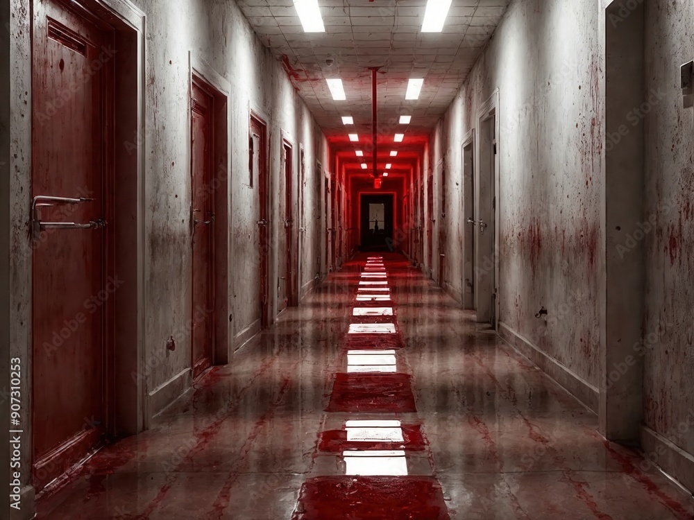 Dimly lit high-tech hallway with blood pooling on the floor in a modern horror movie scene. Dimly lit high-tech hallway with blood pooling on the floor in a modern horror movie scene.