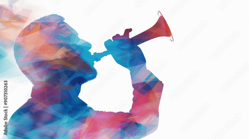 Obraz premium Energetic band leader conducting, double exposure with abstract forms, bold lines and vivid colors capturing the essence of music