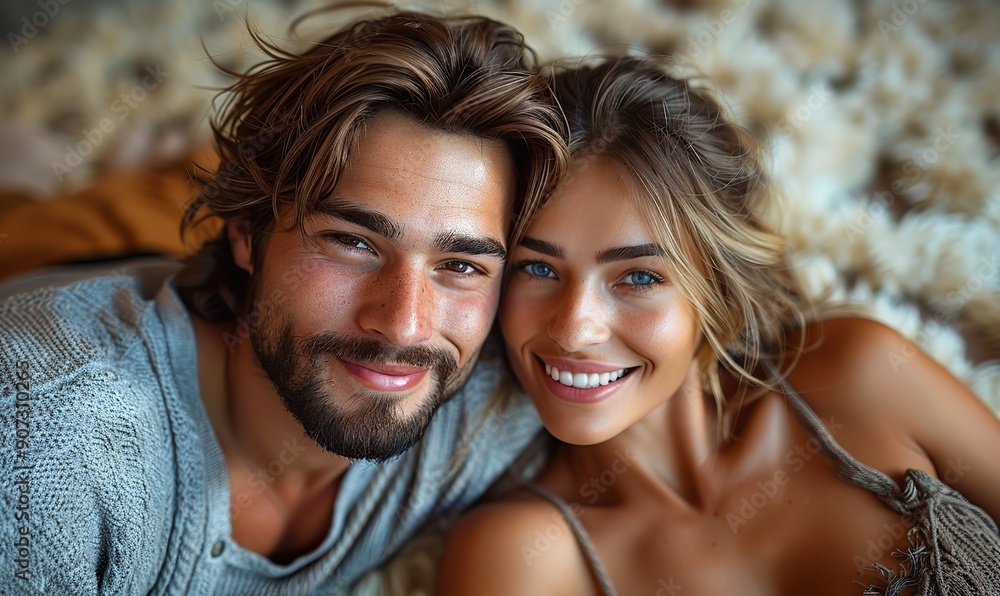 A happy couple lies on the carpet at home, taking a selfie and enjoying a relaxed moment together. A happy couple lies on the carpet at home, taking a selfie and enjoying a relaxed moment together.