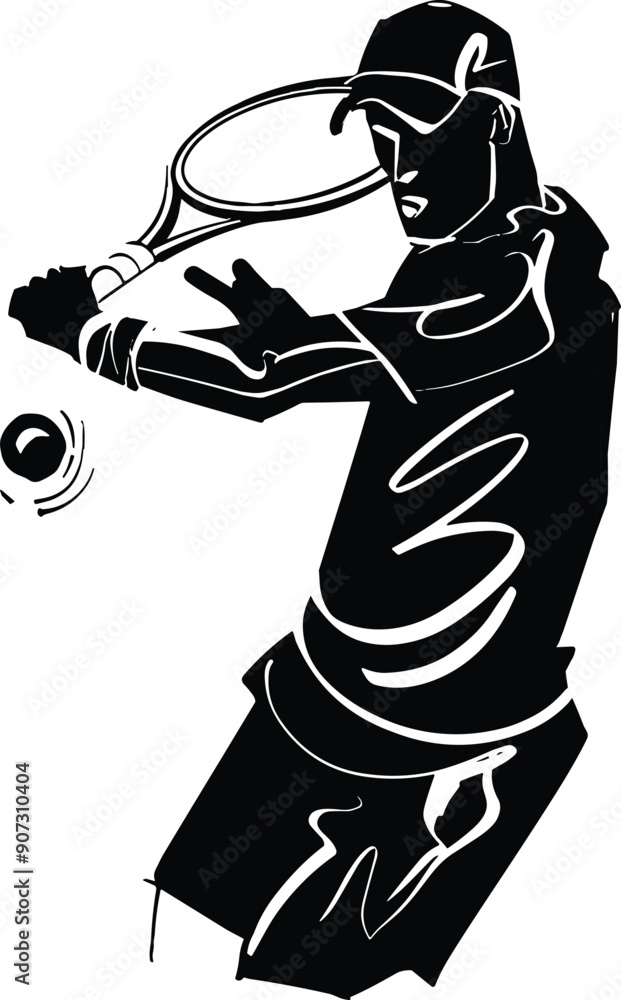 black and white illustration of a tennis player with tennis racket ...