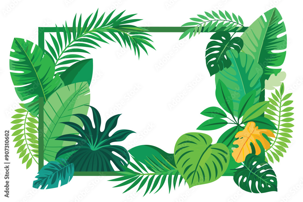 Tropical Green Leaves Frame with White Background Tropical Green Leaves Frame with White Background