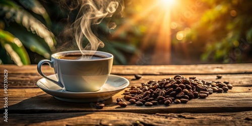 Steaming cup of freshly brewed aromatic hot coffee on rustic wooden table surrounded by morning sunlight and gentle steam rising from the rich brown liquid.