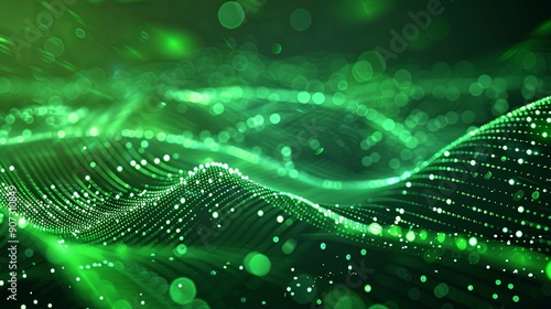 Futuristic Data Technology Illustration, 3D Landscape with Bright Particles, Big Data Visualization, Hyperrealistic 8K Digital Art, Green Color Scheme