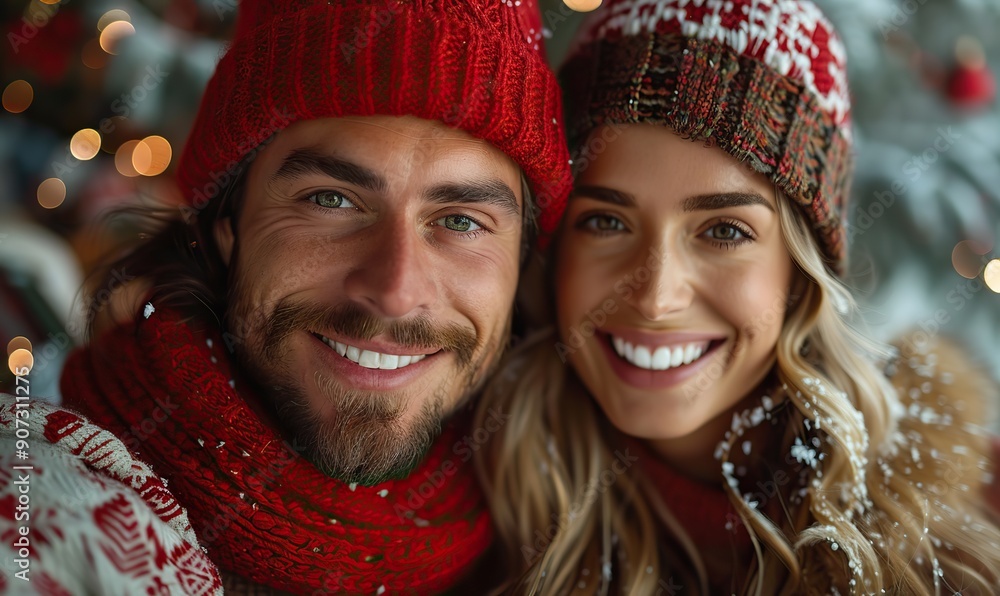 A happy couple takes a selfie at home during Christmas time, enjoying the festive winter holiday together. A happy couple takes a selfie at home during Christmas time, enjoying the festive winter holiday together.
