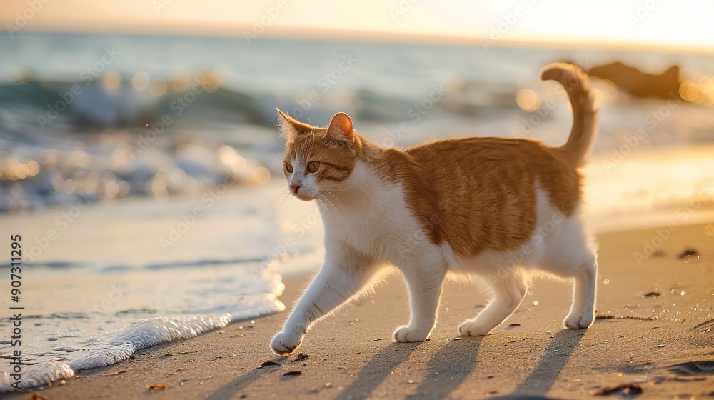 Cat Walking on the Beach: Charming Scene of a Feline Strolling Along the Shoreline with Gentle Waves and Sandy Beach Cat Walking on the Beach: Charming Scene of a Feline Strolling Along the Shoreline with Gentle Waves and Sandy Beach