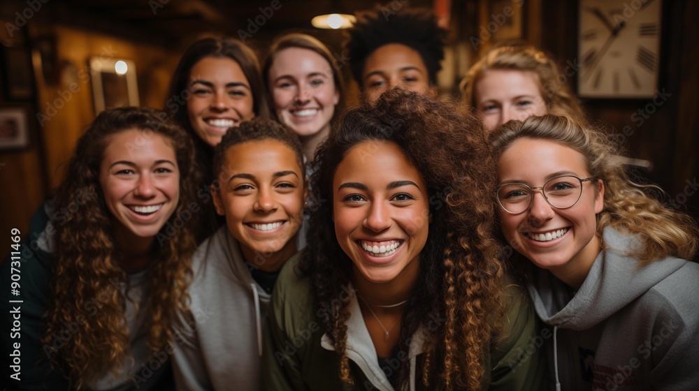 A group of women are smiling and posing for a picture A group of women are smiling and posing for a picture