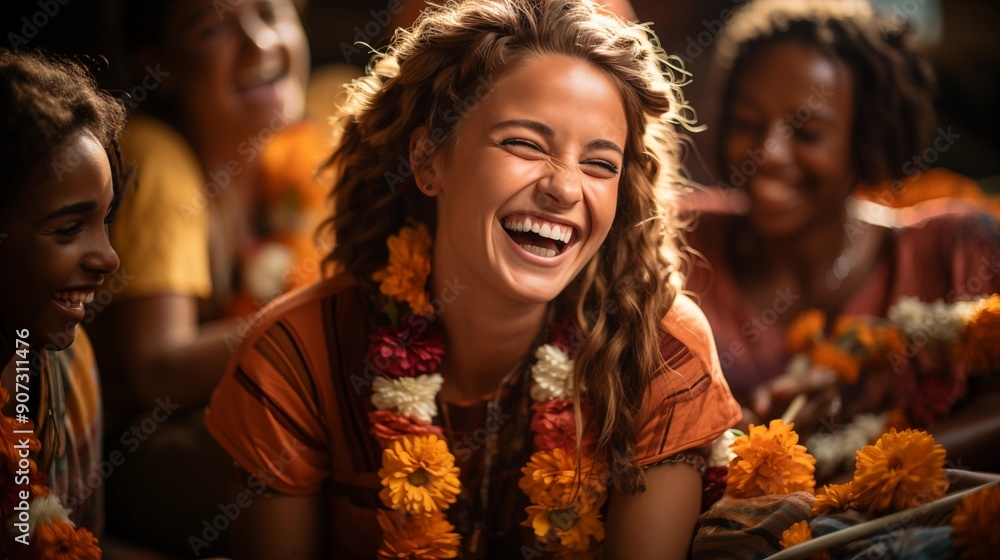 A woman is smiling and laughing with her friends A woman is smiling and laughing with her friends