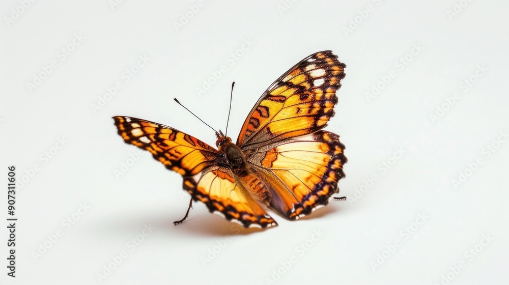 Fototapeta premium A colorful butterfly with orange and black wings on a white background