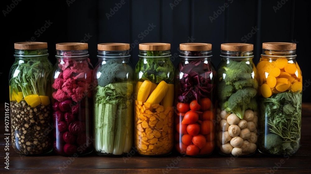 A row of glass jars filled with various vegetables and fruits A row of glass jars filled with various vegetables and fruits