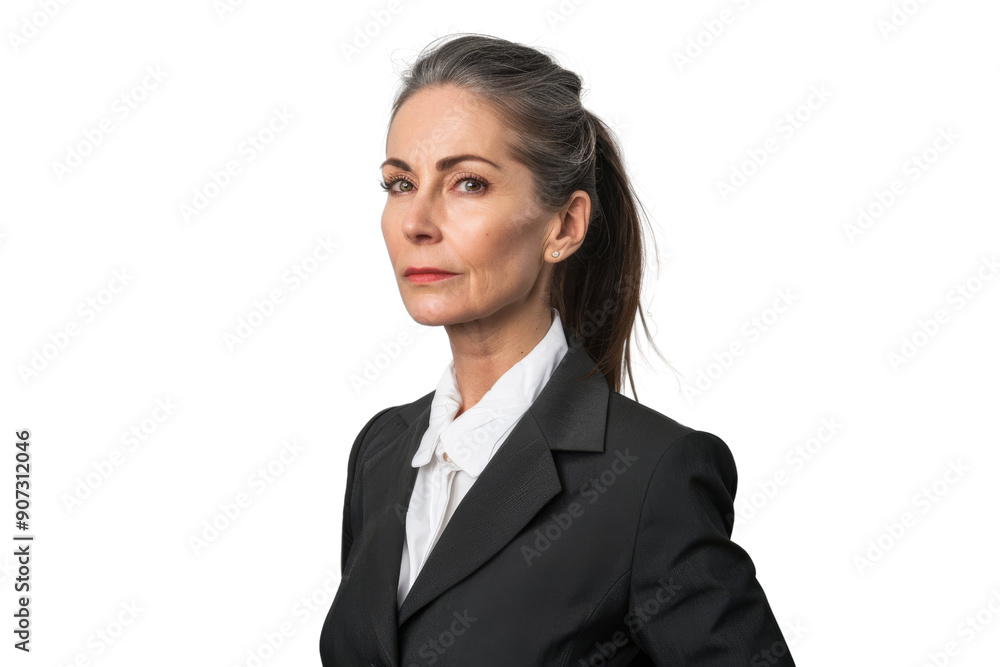 Accomplished middle aged female in formal suit with ponytail looking determined Isolated on white background Accomplished middle aged female in formal suit with ponytail looking determined Isolated on white background