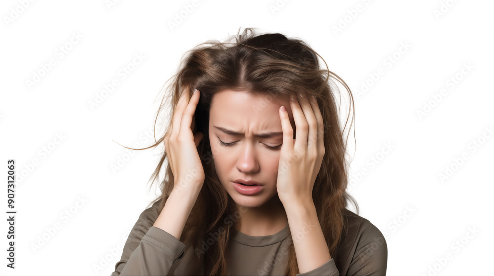 Woman with headache or stress, isolated on transparent background Woman with headache or stress, isolated on transparent background