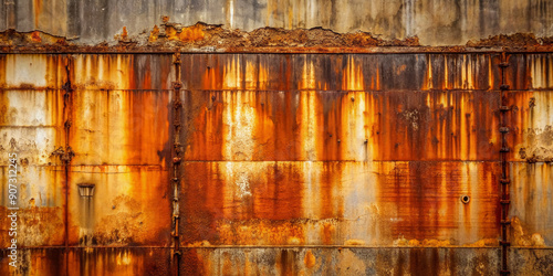 Weathered old wall texture with rust accents, brown and orange tones, and dirty metallic background evoking industrial decay and urban grunge atmosphere. photo