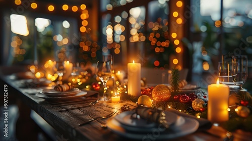 Festive American Dinner Table Setting for an Inviting Evening Feast - AI Generated photo