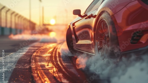 Sports Car Burnout on Racing Track with Smoke and Heat - Wide Banner with Copy Space