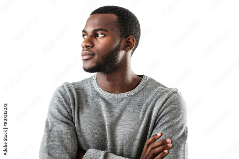 Black man dressed casually, looking serious, hands clasped, isolated on white background Black man dressed casually, looking serious, hands clasped, isolated on white background
