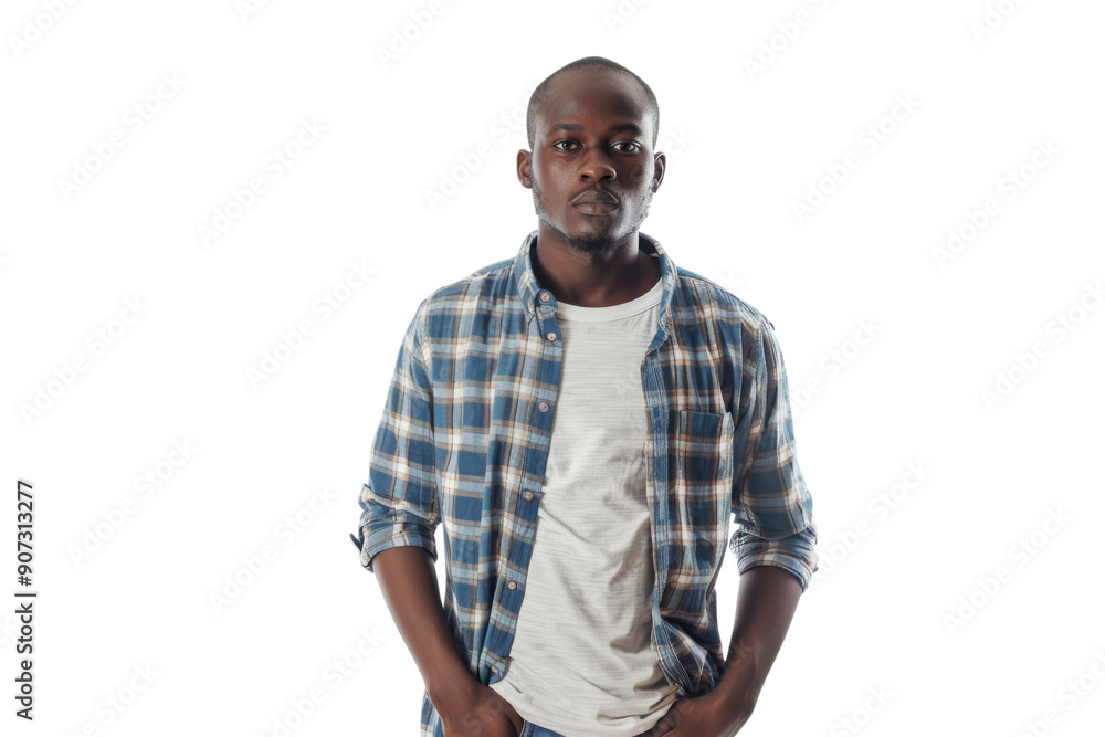 Black man dressed casually, looking serious, hands clasped, isolated on white background Black man dressed casually, looking serious, hands clasped, isolated on white background