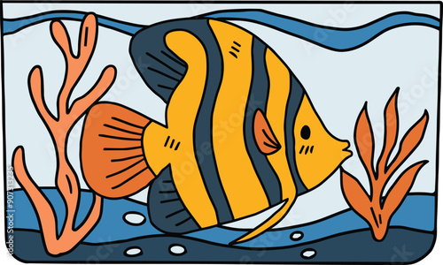 A fish is swimming in a tank with some plants and rocks