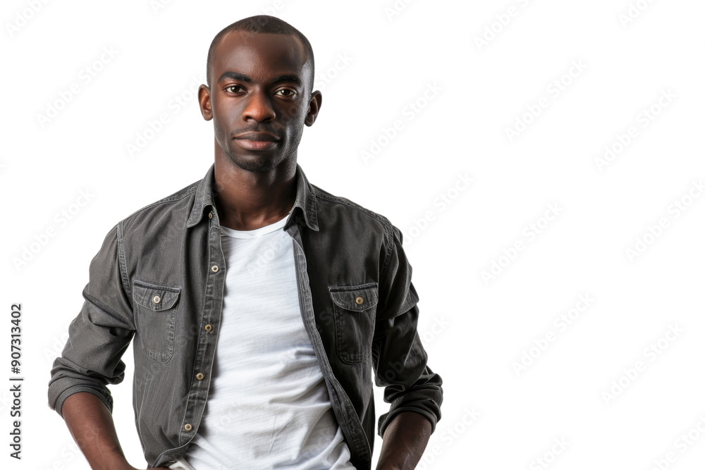 Black man in a casual outfit, serious face, hands in pockets, isolated on white background Black man in a casual outfit, serious face, hands in pockets, isolated on white background