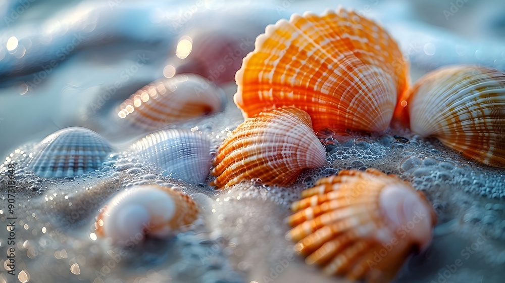 A collection of shells on a beach with the water in the background A collection of shells on a beach with the water in the background