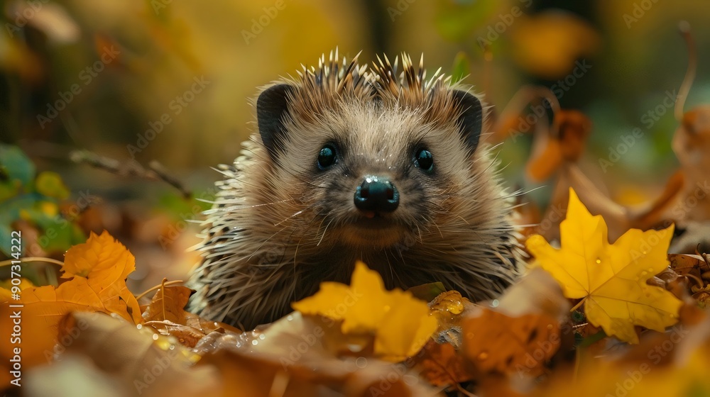 A small brown hedgehog is standing on a pile of yellow leaves A small brown hedgehog is standing on a pile of yellow leaves