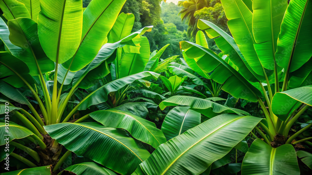 Obraz premium Vibrant green banana leaves unfold in a dense tropical jungle, surrounded by large scale natural exotic foliage, evoking a sense of serene and tranquil atmosphere.