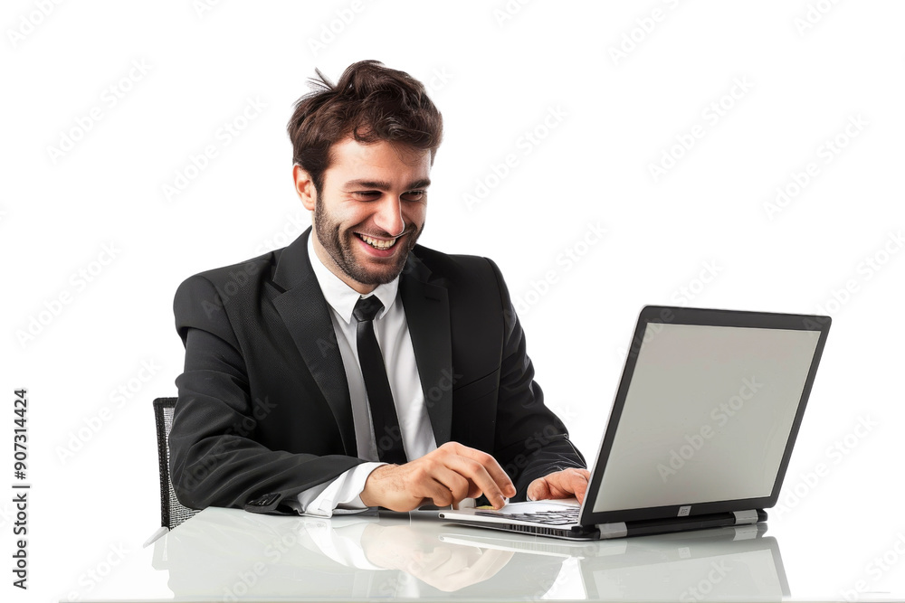 Business professional using laptop and smiling Isolated on white background Business professional using laptop and smiling Isolated on white background
