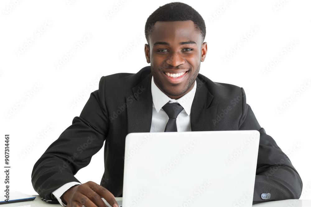 Business professional using laptop and smiling Isolated on white background Business professional using laptop and smiling Isolated on white background