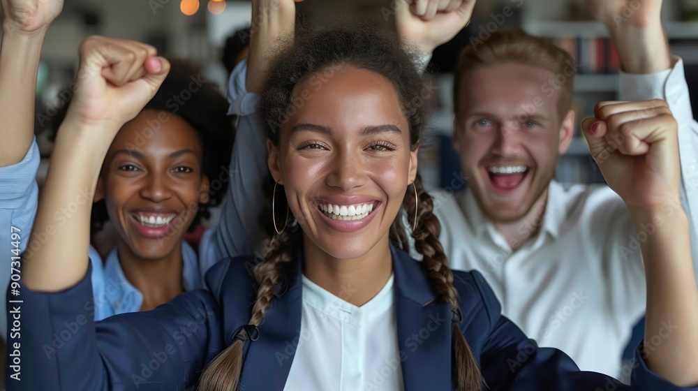Office Diversity Triumph: Employees Cheerfully Raise Fists in Celebration of Shared Success Office Diversity Triumph: Employees Cheerfully Raise Fists in Celebration of Shared Success