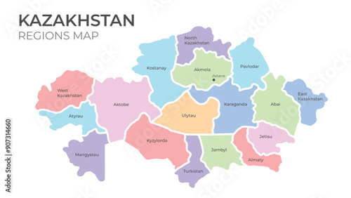 Kazakhstan vector map with administrative regions including names and capital using pastel colors on white background