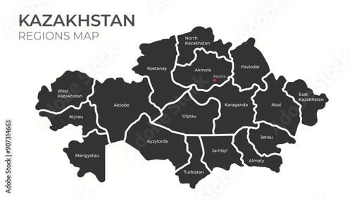 Kazakhstan vector map with administrative regions including names and capital with grayscale colors photo