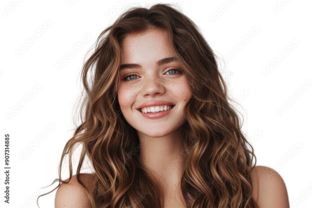Charming woman with long wavy hair and natural makeup smiling warmly Isolated on white background Charming woman with long wavy hair and natural makeup smiling warmly Isolated on white background