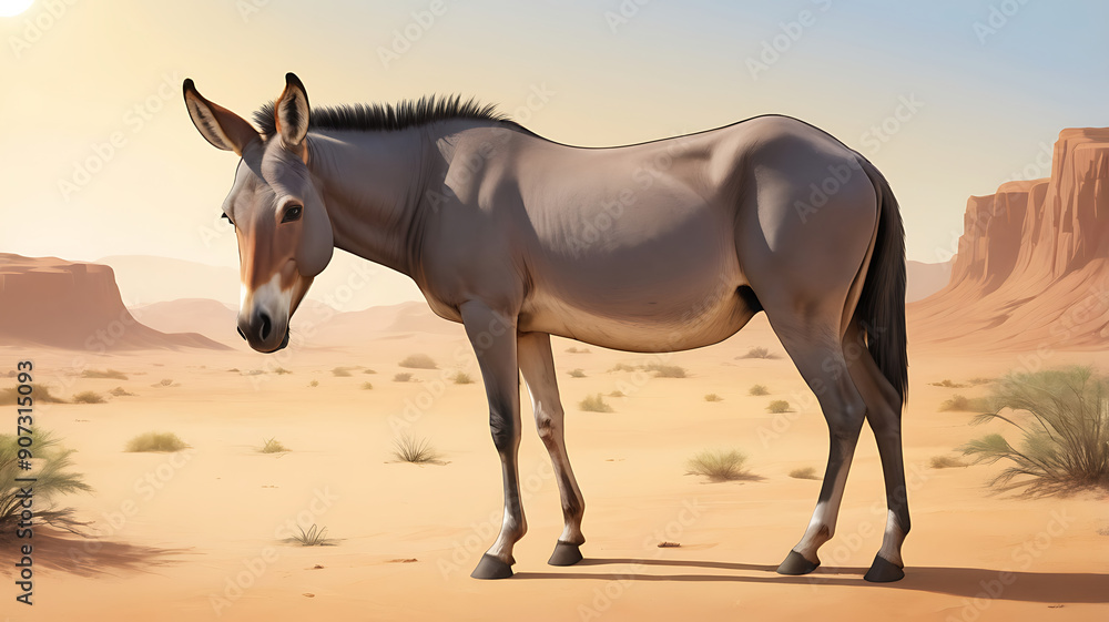 Artistic illustration of a Somali wild ass standing in a sunlit desert landscape, emphasizing its unique features and the arid environment with a solid background and ample copy space. Artistic illustration of a Somali wild ass standing in a sunlit desert landscape, emphasizing its unique features and the arid environment with a solid background and ample copy space.