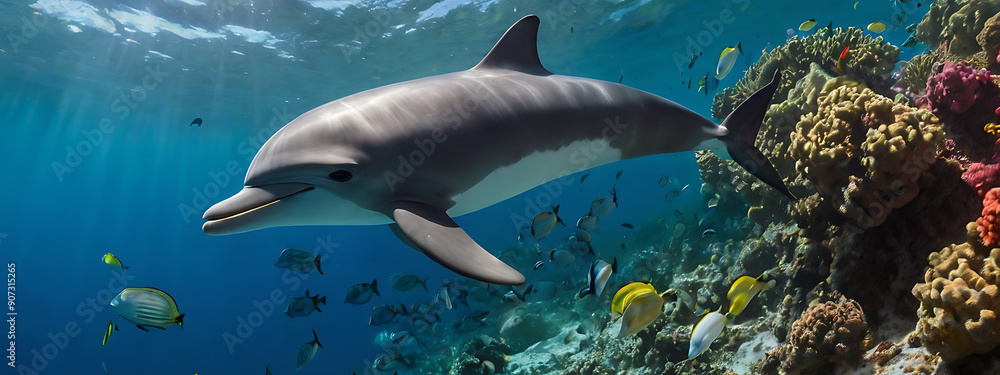 Fototapeta premium a Vaquita dolphin gliding through a vibrant coral reef, showcasing its delicate form and the rich underwater environment with ample copy space.