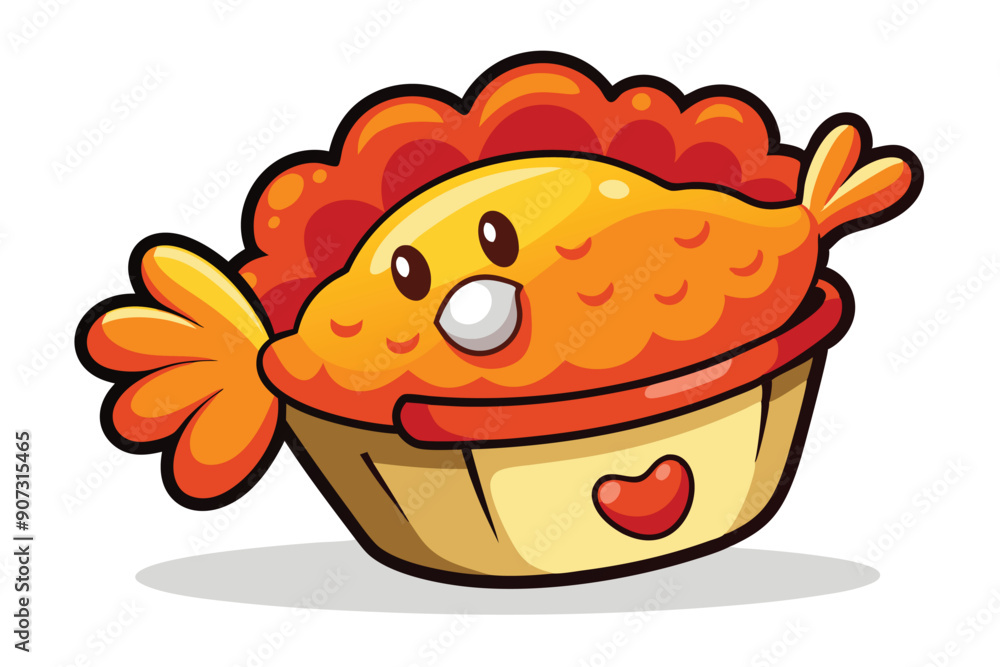 Cartoon goldfish in a heart-shaped bowl with a red heart Cartoon goldfish in a heart-shaped bowl with a red heart