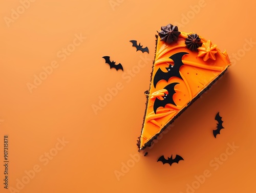 Triangle shaped Halloween cake with bats, chocolate and orange cake, isolated on orange background, empty text area, cover page photo