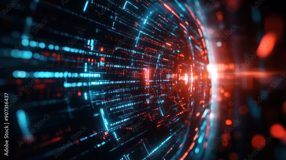 Abstract Digital Tunnel with Glowing Lines and Red and Blue Lights Abstract Digital Tunnel with Glowing Lines and Red and Blue Lights