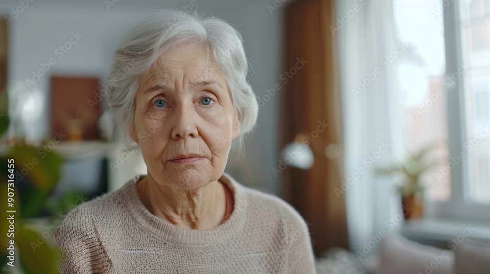 A serious elderly Caucasian woman with gray hair and blue eyes looks directly at the camera in her home. A serious elderly Caucasian woman with gray hair and blue eyes looks directly at the camera in her home.