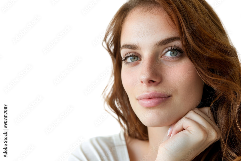 Close-up of a pensive woman with a soft smile, isolated on white background Close-up of a pensive woman with a soft smile, isolated on white background
