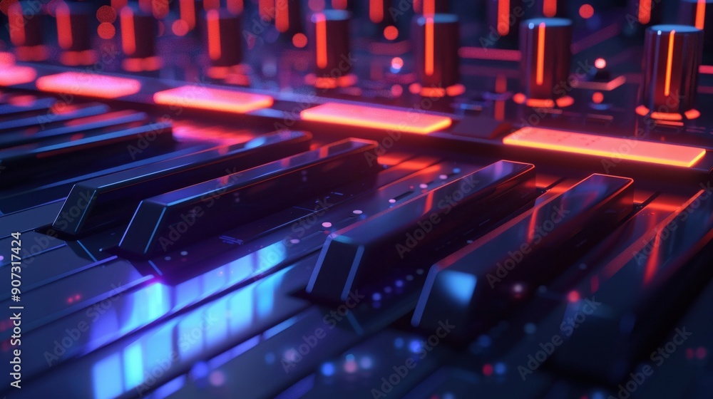 3D synthesizer keys, glowing, electronic music background 3D synthesizer keys, glowing, electronic music background