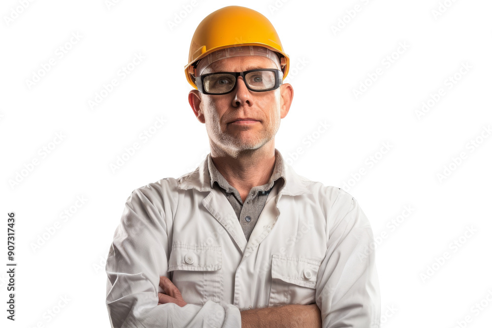 Confident adult factory manager in hat and goggles thinking hard isolated on white background Confident adult factory manager in hat and goggles thinking hard isolated on white background