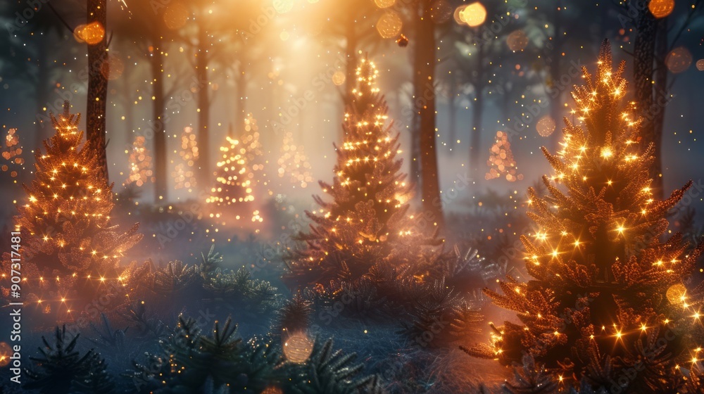 Fototapeta premium A magical Christmas forest with twinkling lights adorning the trees. The soft glow creates a warm and inviting atmosphere.