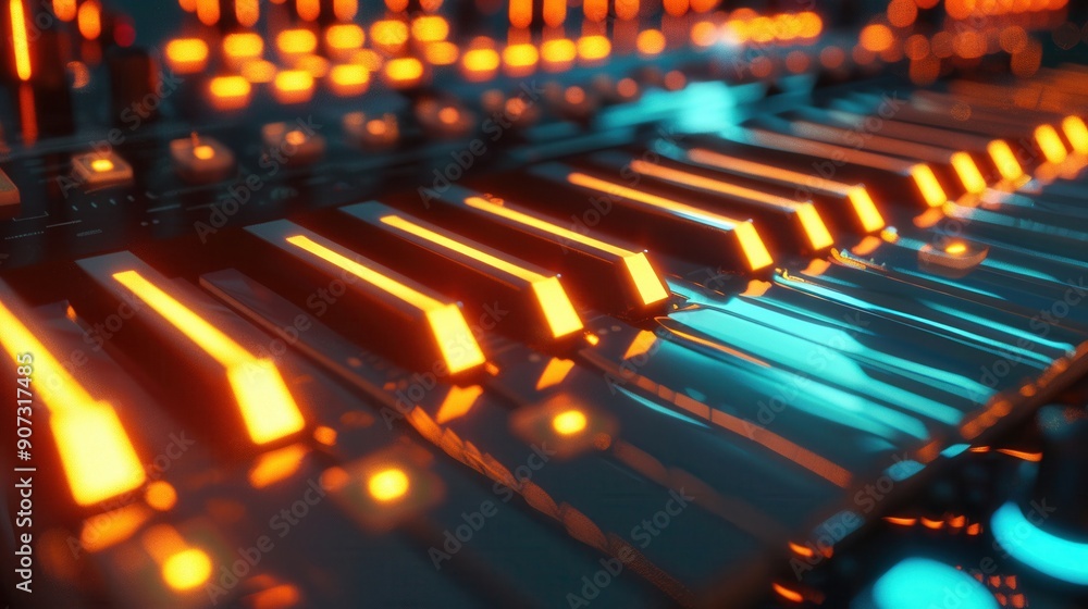3D synthesizer keys, glowing, electronic music background 3D synthesizer keys, glowing, electronic music background