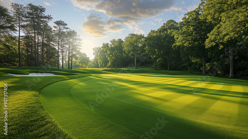 Green grass and woods on a golf field 