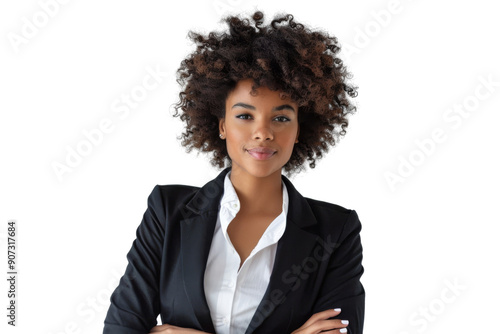 Confident afro woman posing with hands on waist, formal attire, Isolated on white background