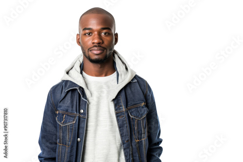 Confident black man in casual clothing, direct eye contact, isolated on white background